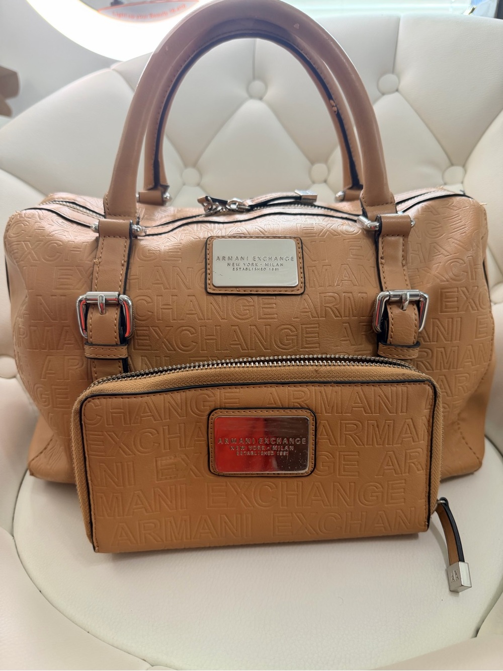 Armani Exchange Tan Embossed Satchel with Matching Zip Wallet